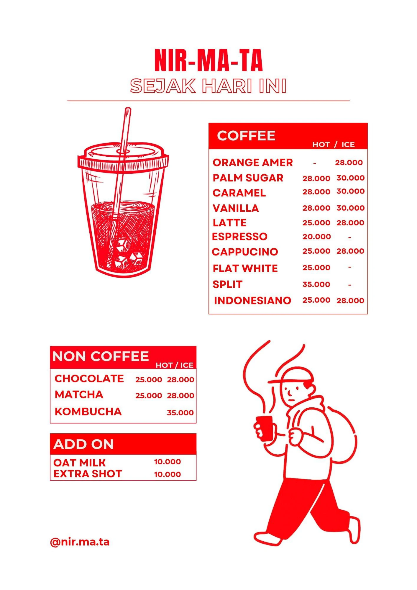 NIR-MA-TA menu card: coffee, non-coffee and add-ons with hot and ice prices in Rupiah